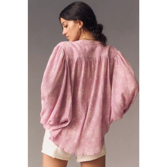 Pilcro Anthropologie The Sidney Batwing Button Up Cotton Blouse Top Pink Large - Picture 2 of 9
